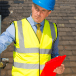 Mann der Gerüstteile prüft